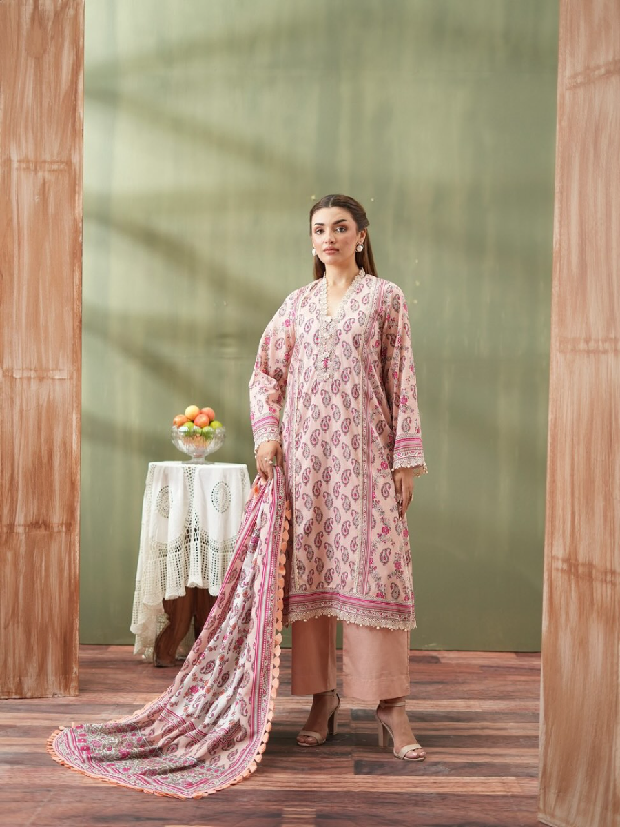 Original Pakistani Mausummery Premium Lawn Stitched 3Pcs _ Pink